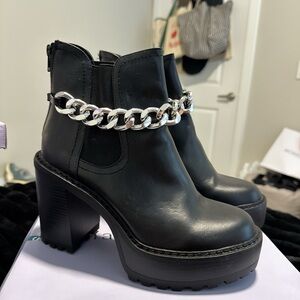 Black Chunky Heel Ankle Boots with Silver Chain